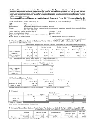 Thumbnail Nisshin Seifun Group
 Quarterly Report 2017-q2