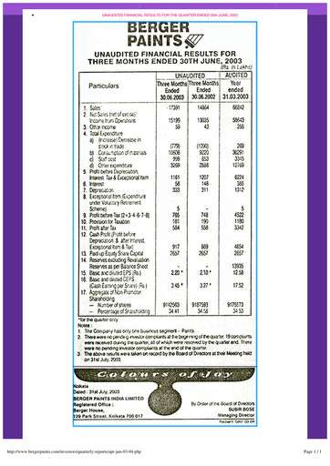 Thumbnail Berger Paints
 Quarterly Report 2003-q1