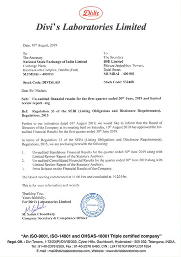 Thumbnail Divis Laboratories Quarterly Report 2019-q1