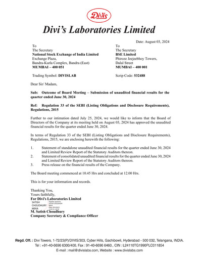 Thumbnail Divis Laboratories Quarterly Report 2024-q1