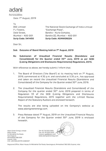 Thumbnail Adani Green Energy
 Quarterly Report 2019-q1