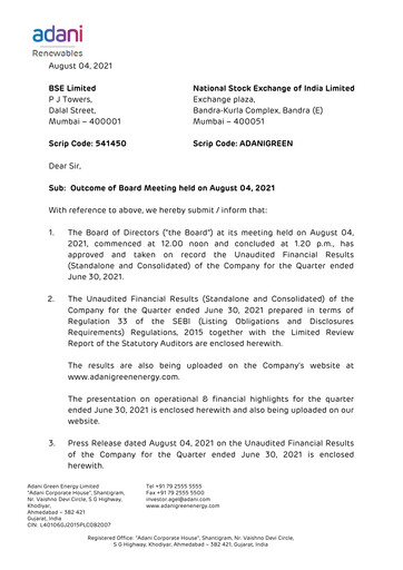 Thumbnail Adani Green Energy
 Quarterly Report 2021-q1