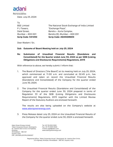 Thumbnail Adani Green Energy
 Quarterly Report 2024-q1
