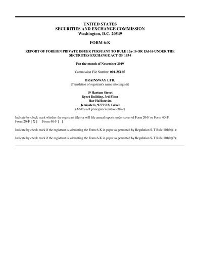 Thumbnail BrainsWay Financial Statement 2019-q3