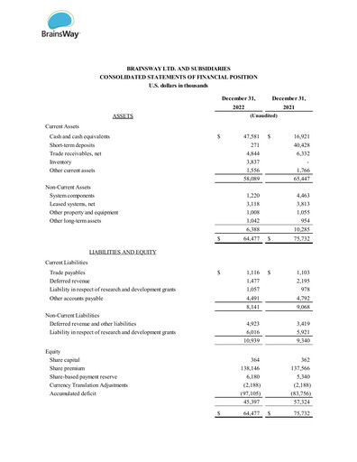 Thumbnail BrainsWay Financial Statement 2022-q4