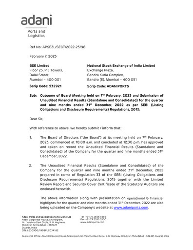 Thumbnail Adani Ports & SEZ Quarterly Report 2022-q3