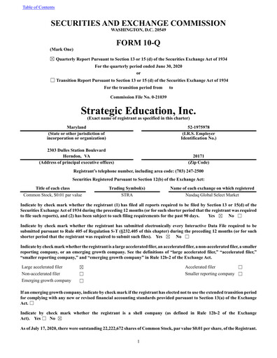 Thumbnail Strategic Education
 Quarterly Report fy2020-q2
