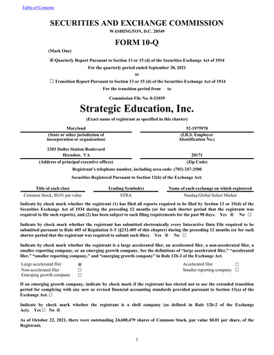 Thumbnail Strategic Education
 Quarterly Report fy2021-q3