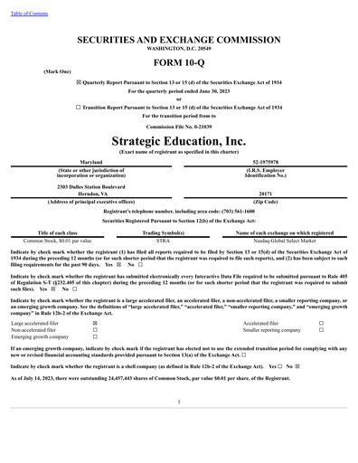 Thumbnail Strategic Education
 Quarterly Report fy2023-q2