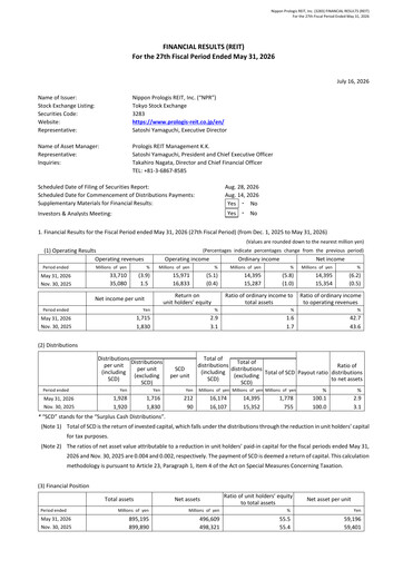 Thumbnail Nippon Prologis REIT
 Financial Report 2026-h1
