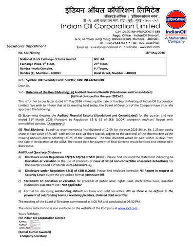 Vorschaubild Indian Oil Finanzmitteilung 2025-2026