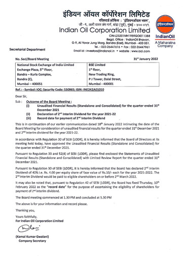 Vorschaubild Indian Oil Quartalsbericht 2021-q3