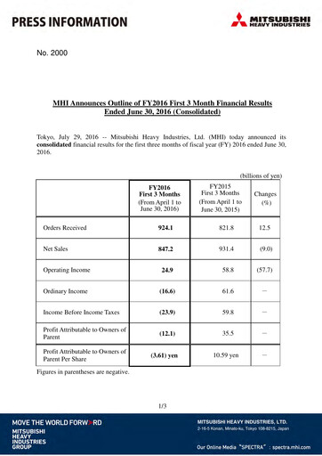 Vorschaubild Mitsubishi Heavy Industries Quartalsbericht 2016-q1