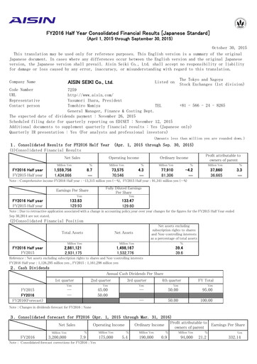 Thumbnail Aisin Seiki
 Half-year Report 2016-h1