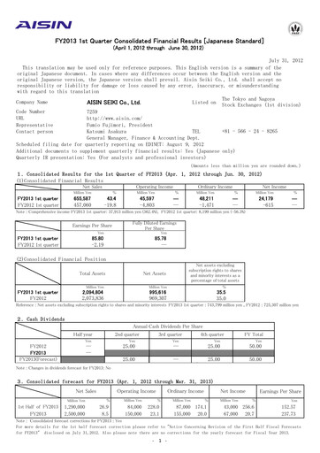 Thumbnail Aisin Seiki
 Quarterly Report 2013-q1