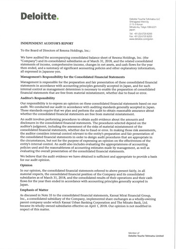 Thumbnail Resona Holdings
 Financial Statement fy2018
