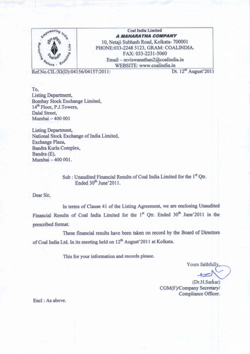 Thumbnail Coal India Quarterly Report 2011-q1
