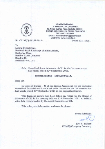 Thumbnail Coal India Quarterly Report 2011-q2