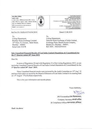 Thumbnail Coal India Quarterly Report 2019-q1