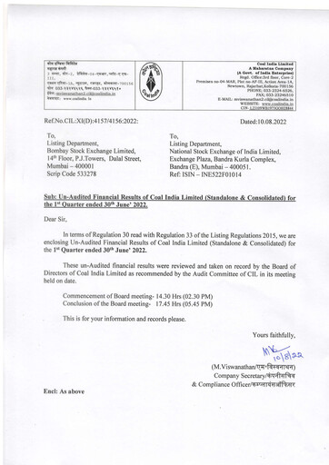Thumbnail Coal India Quarterly Report 2022-q1