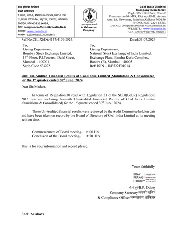 Thumbnail Coal India Quarterly Report 2024-q1