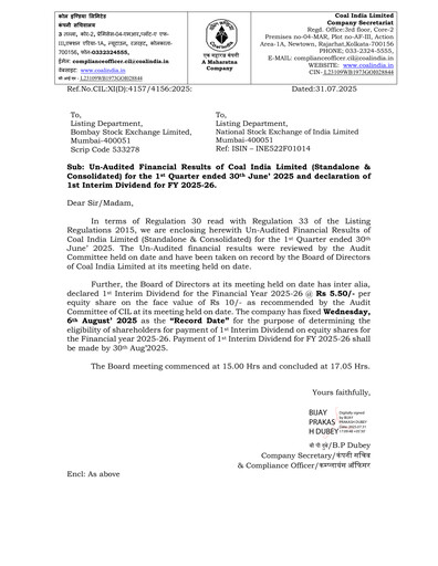 Thumbnail Coal India Quarterly Report 2025-q1