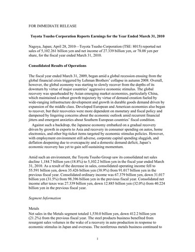 Thumbnail Toyota Tsusho
 Financial Statement 2009