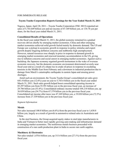 Thumbnail Toyota Tsusho
 Financial Statement 2010