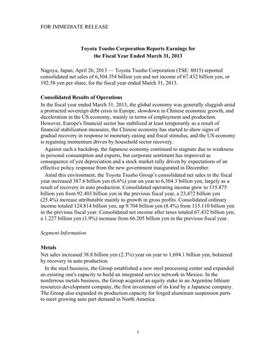 Thumbnail Toyota Tsusho
 Financial Statement 2012