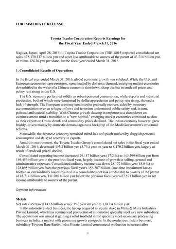 Thumbnail Toyota Tsusho
 Financial Statement 2015