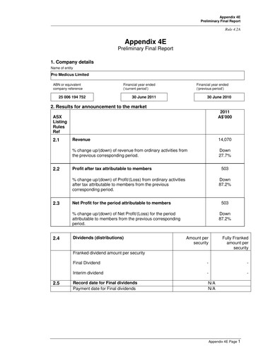 Thumbnail Pro Medicus Financial Report fy2011