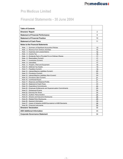 Thumbnail Pro Medicus Financial Statement 2004