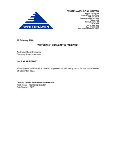 Miniature Whitehaven Coal Rapport semestriel 2008-h1