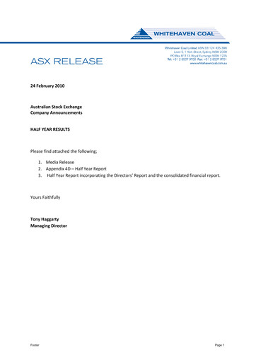 Miniature Whitehaven Coal Rapport semestriel 2010-h1