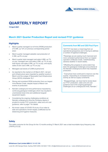 Thumbnail Whitehaven Coal Quarterly Report 2021-q1