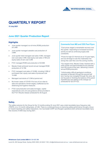 Thumbnail Whitehaven Coal Quarterly Report 2021-q2