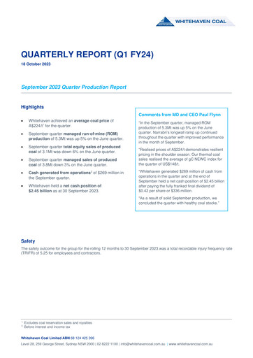 Thumbnail Whitehaven Coal Quarterly Report 2023-q3