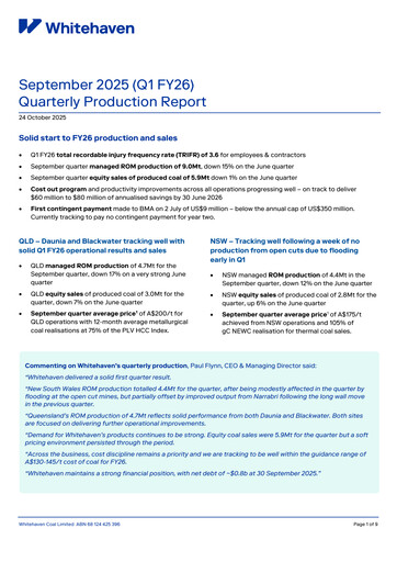 Thumbnail Whitehaven Coal Quarterly Report 2025-q3