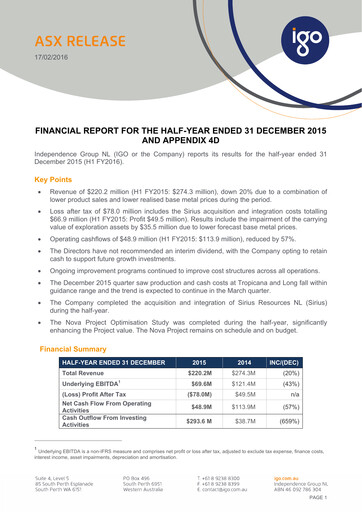 Thumbnail IGO Limited Half-year Report 2016-h1