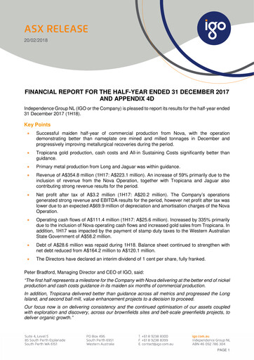 Thumbnail IGO Limited Half-year Report 2018-h1