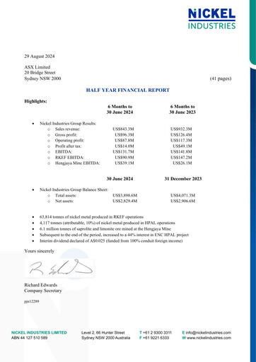 Thumbnail Nickel Industries Limited Half-year Report 2024-h1