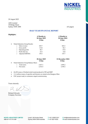 Thumbnail Nickel Industries Limited Half-year Report 2025-h1