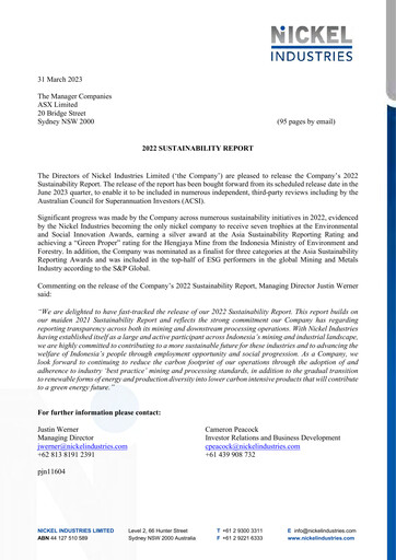 Miniature Nickel Industries Limited Rapport de durabilité 2022