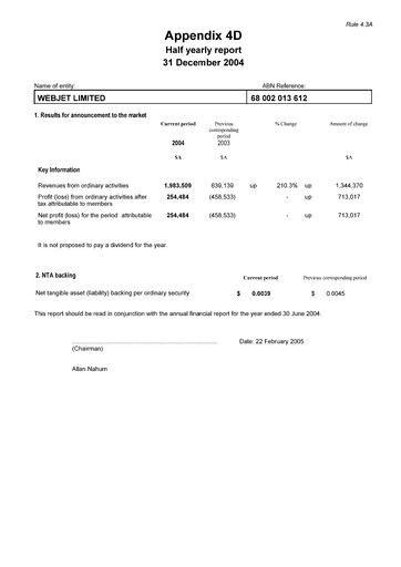 Thumbnail Webjet Limited Financial Report 2005-h1