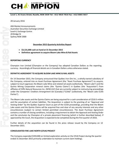 Thumbnail Champion Iron Quarterly Report 2016-q3