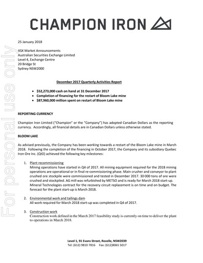 Thumbnail Champion Iron Quarterly Report 2018-q3