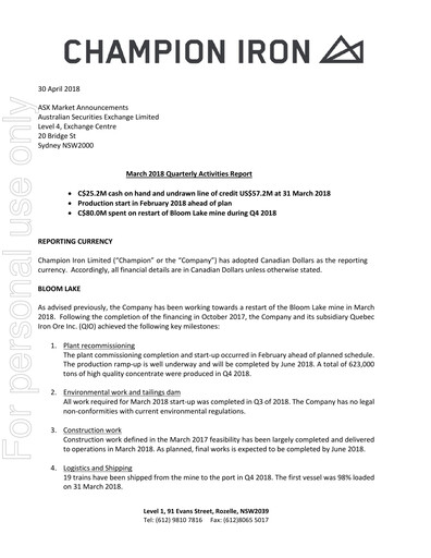 Thumbnail Champion Iron Quarterly Report 2018-q4
