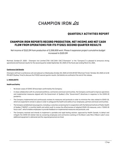 Thumbnail Champion Iron Quarterly Report 2021-q2