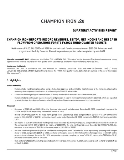 Thumbnail Champion Iron Quarterly Report 2021-q3