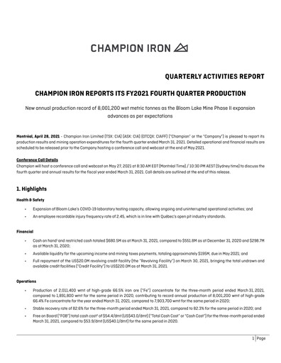 Thumbnail Champion Iron Quarterly Report 2021-q4